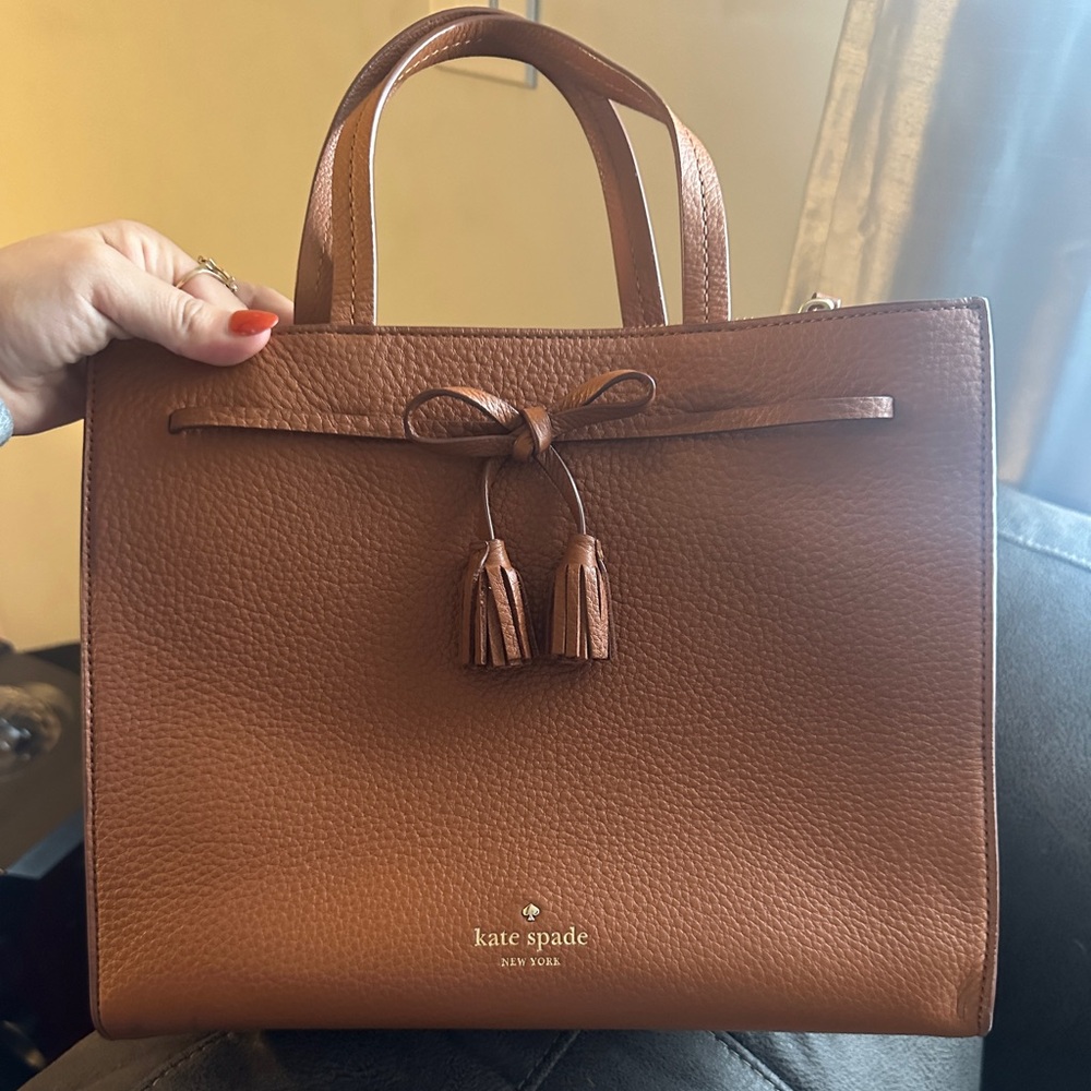 kate spade Brown Pebbled Leather Tote with Tassel Large